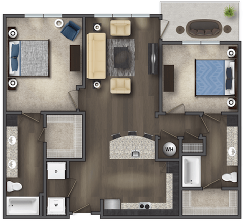 Floor plan for 2 beds, 2 baths, 1136 sqft